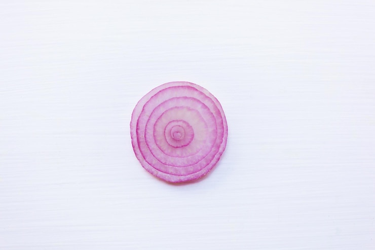 Photo directly above shot of onion slice on white table