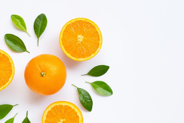 Directly above shot of orange fruits on white background