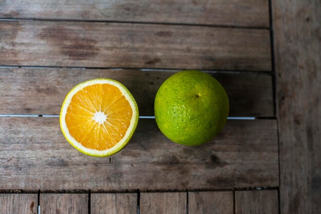 Directly above shot of oranges on wooden table