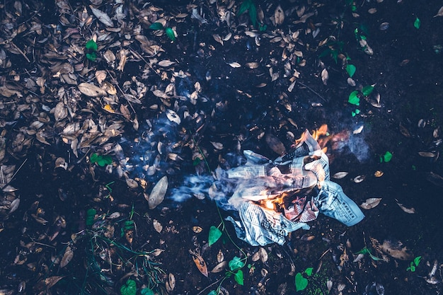 Directly above shot of paper burning on field