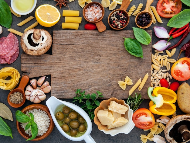 Photo directly above shot of pasta with ingredients on table