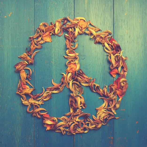 Photo directly above shot of peace symbol made by petals on table