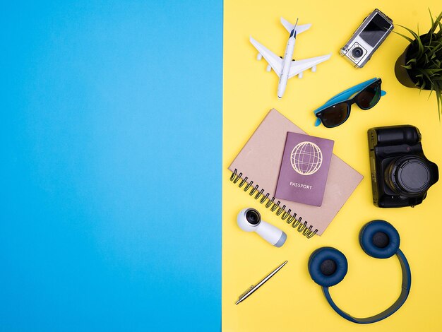 Directly above shot of personal accessories on blue background