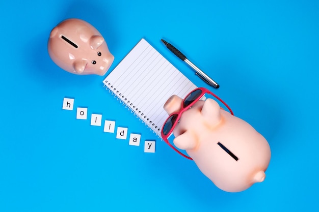 Directly above shot of piggy banks with texts and book over blue background