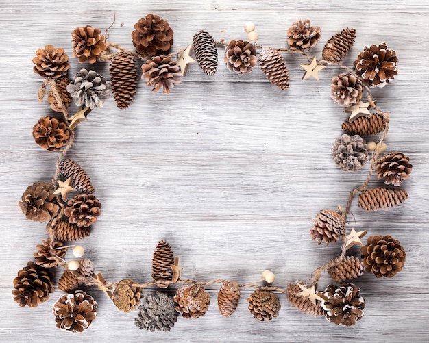 directly above shot of pine cones arranged on table