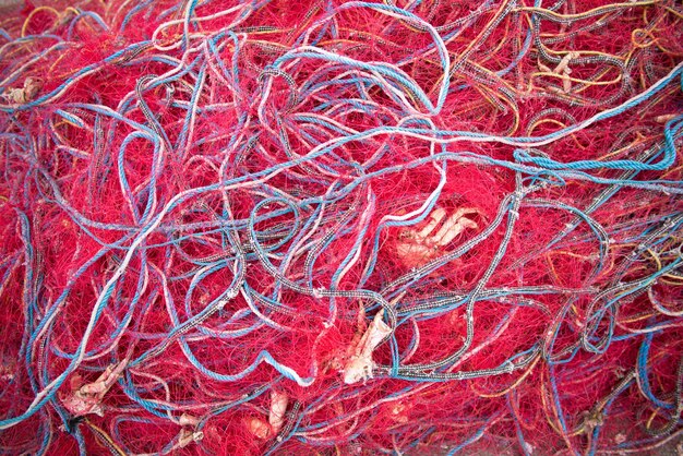 Directly above shot of pink fishing nets at harbor