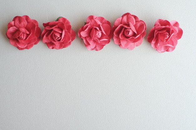 Directly above shot of pink flowers arranged on white table