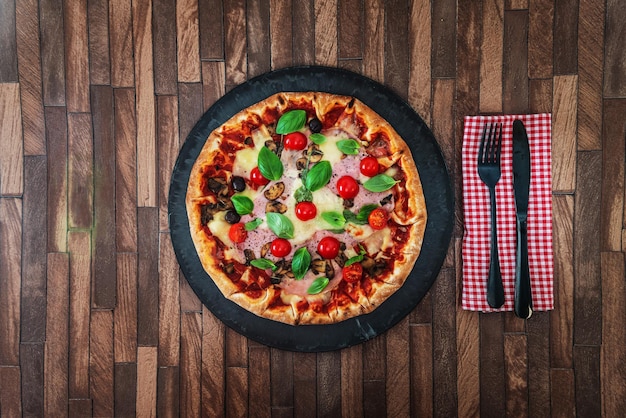 Photo directly above shot of pizza on table