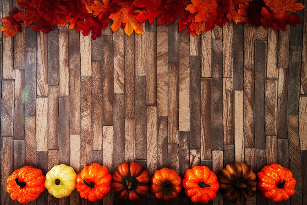 Photo directly above shot of pumpkins on wooden floor