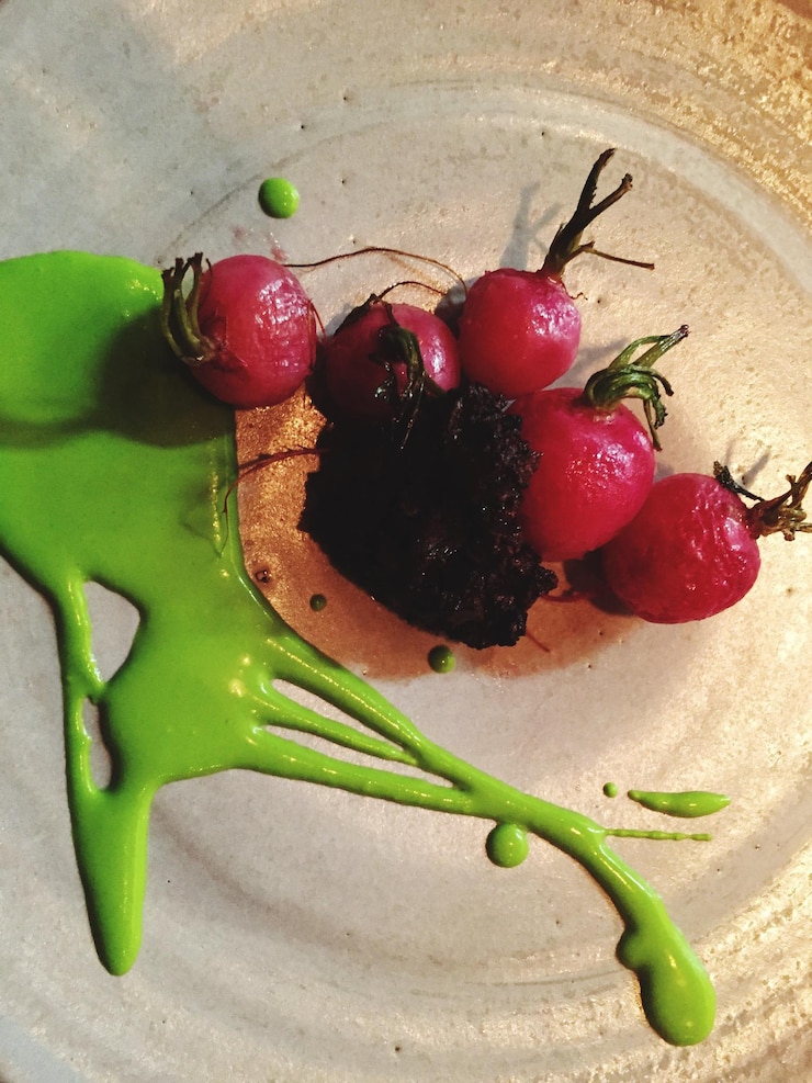 Photo directly above shot of radish with green sauce in plate