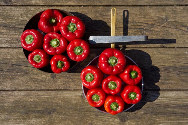 Photo directly above shot of red bell pepper in frying pans on table