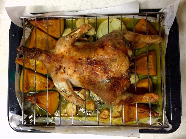 Directly above shot of roast chicken