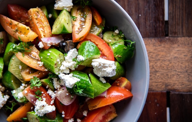 directly above shot of salad in bowl on table