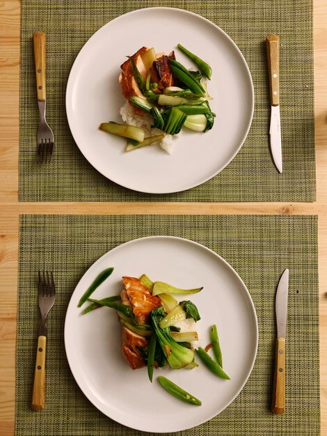 Directly above shot of salad served on table