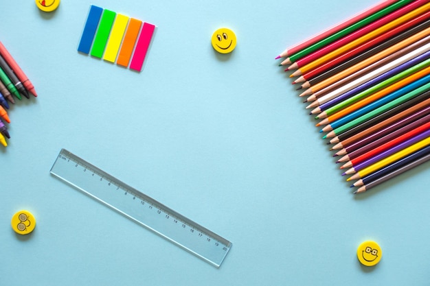 Photo directly above shot of school supplies on table