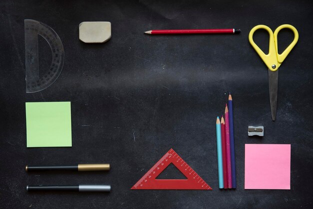 Directly above shot of school supplies on table