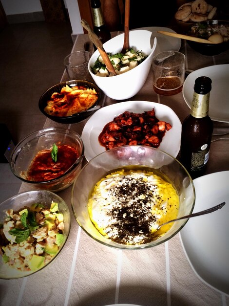 Photo directly above shot of served foods on table