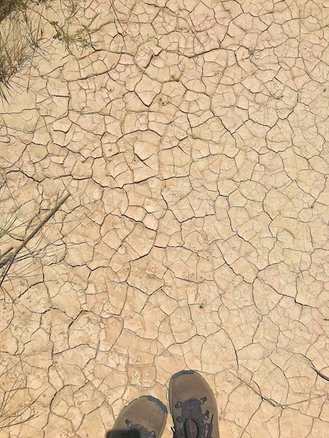 Photo directly above shot of shoes on cracked land