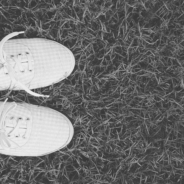 Photo directly above shot of shoes on grassy field