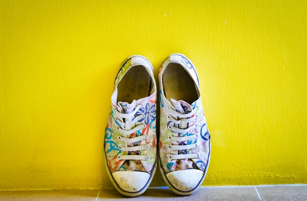 Directly above shot of shoes on wall