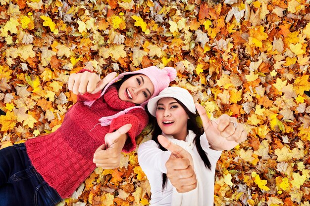 Photo directly above shot of smiling friends lying down autumn leaves