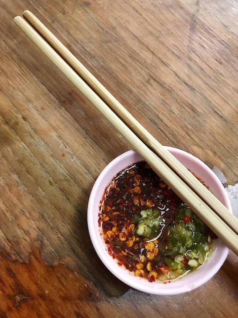 Photo directly above shot of soup in bowl on table