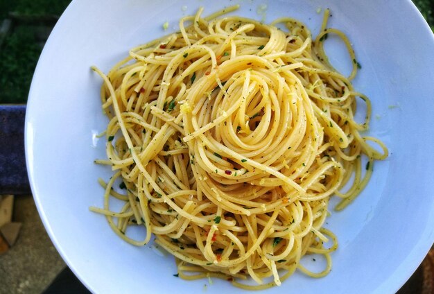 Directly above shot of spaghetti in plate