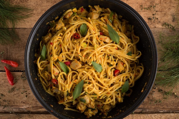 Directly above shot of spicy noodles on table