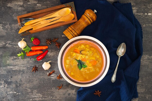 Directly above shot of stew in bowl on table