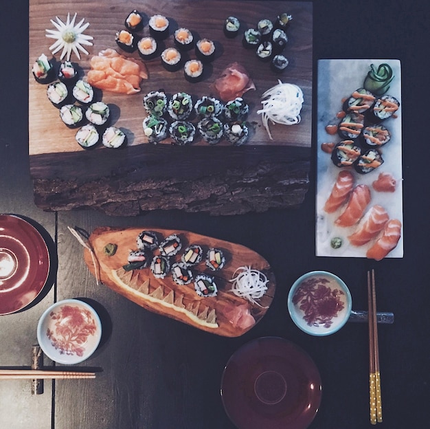 Photo directly above shot of sushi on table