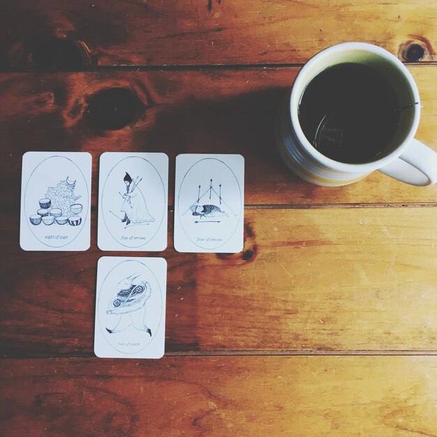 Directly above shot of tarot cards and coffee in cup on table