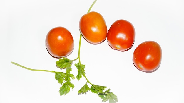Foto immediatamente sopra scatto di pomodori su sfondo bianco
