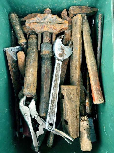 Directly above shot of tools in box