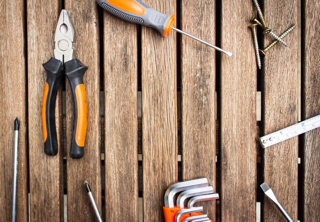 Photo directly above shot of tools on wooden table