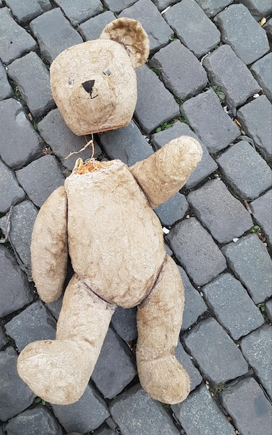 Photo directly above shot of torn teddy bear on footpath