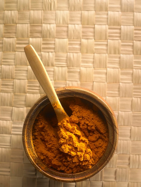 Photo directly above shot of turmeric in wooden bowl on table