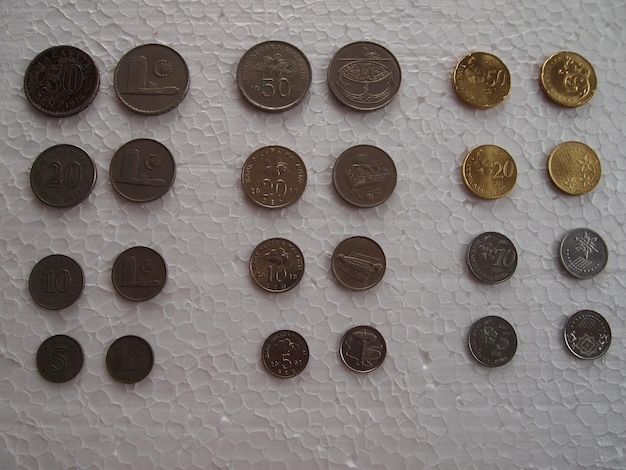 Photo directly above shot of various coins on thermocol