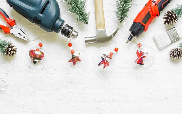 Photo directly above shot of various equipment and christmas decors on table