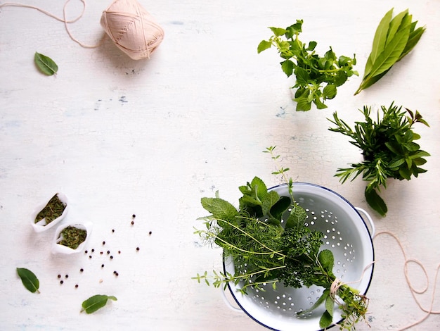 Photo directly above shot of various herbs on table