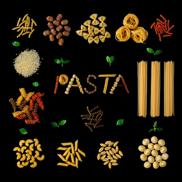 Photo directly above shot of various pasta arranged on black background