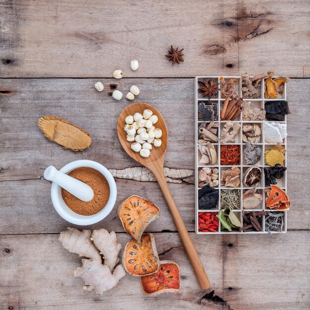 Directly above shot of various spices on wooden table