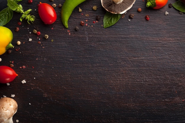 Photo directly above shot of vegetables and spices on table