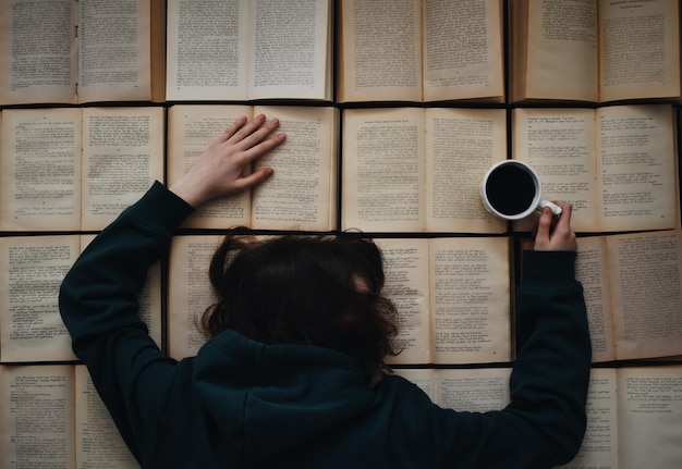 Прямо над снимком женщины, пьющей кофе, опираясь на книги