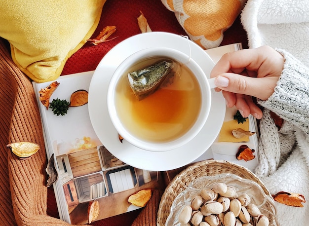 茶のカップを握っている女性の直接上のショット
