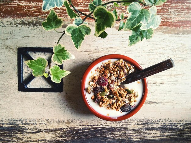 Photo directly above shot of yogurt and granola in bowl on table