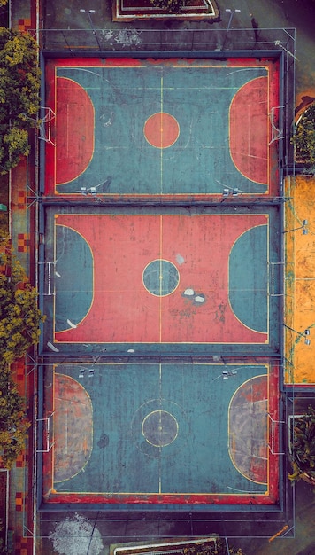 Photo directly above view of basketball courts