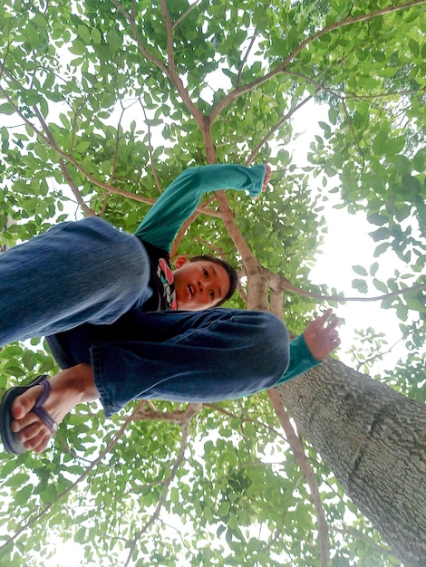 Directly below view of boy jumping against tree