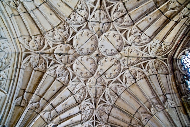 Photo directly below view of church ceiling