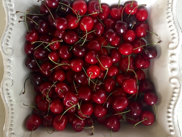 Photo directly above view of fresh cherries in bowl