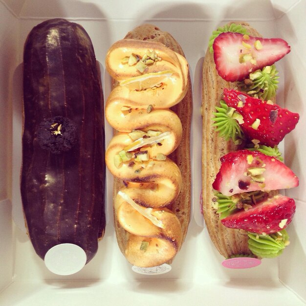 Photo directly above view of fresh eclairs